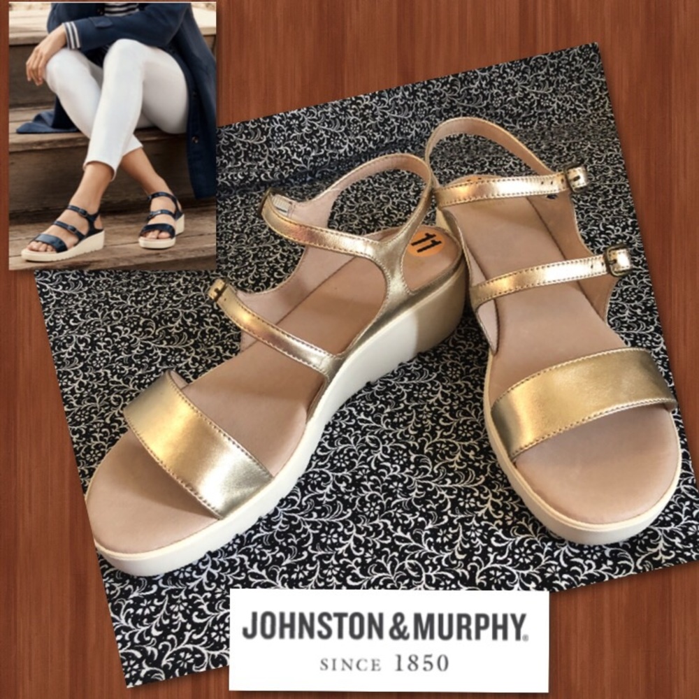 New Johnston & Murphy Clara Strappy Leather Platform Wedge Gold Sandal 11